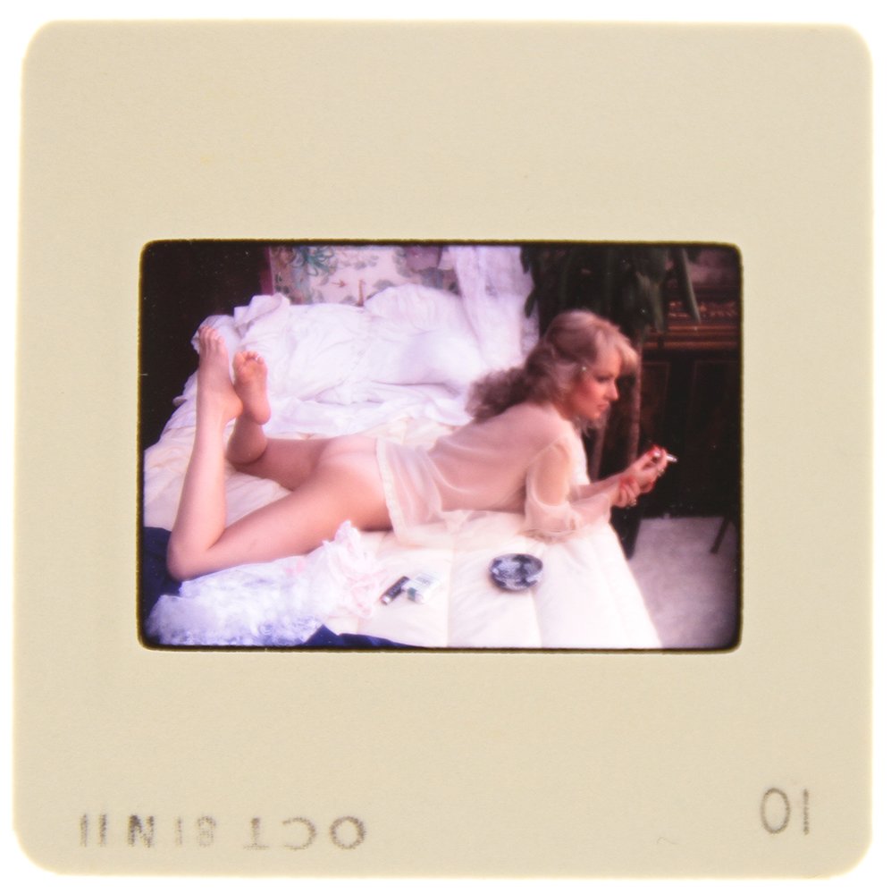 Original 35mm DiVina Celeste 1982 by Bob Guccione: Original nude, erotic, 35mm slide features DiVina Celeste taken by Bob Guccione in 1982. Print and/or markings on the slide mount are original.