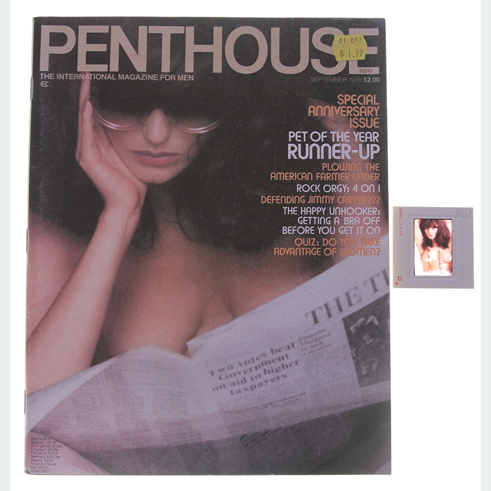 Orig 35mm Kate Simmons By Bob Guccione & Sept 1978 Mag: Original nude, erotic, 35mm slide features Kate Simmons taken by Bob Guccione in May 1978. This lot also comes with September 1978 Penthouse Magazine which features Kate Simmons on the cover and as Pe