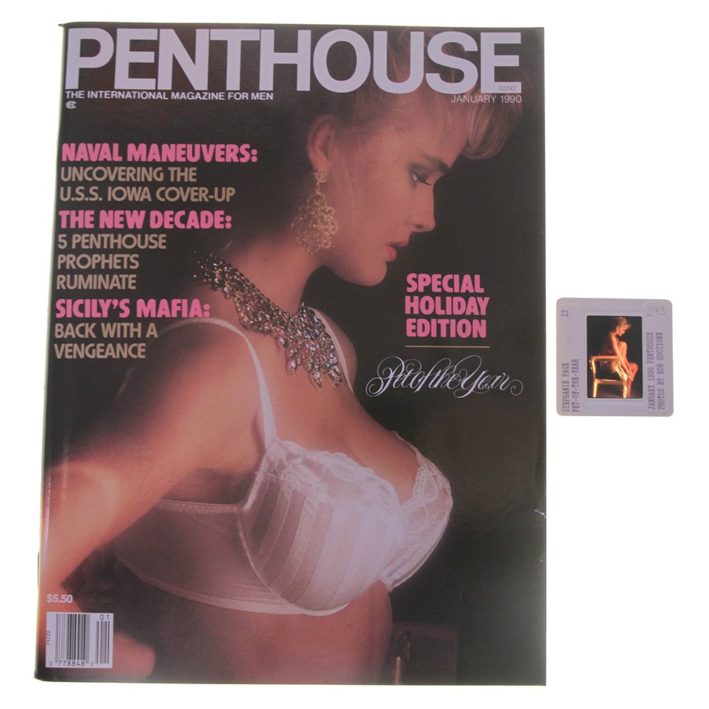 Orig 35mm Stephanie Page By Bob Guccione & Jan 1990 Mag: Original nude, erotic, 35mm slide features Stephanie Page taken by Bob Guccione in 1989. Print and/or markings on the slide mount are original. Lot also comes with January 1990 Penthouse Magazine whic