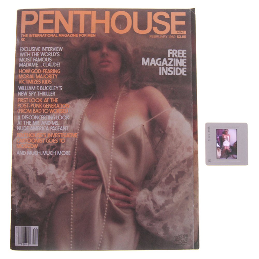 Orig 35mm DiVina Celeste by Bob Guccione & Feb 1982 Mag: Original nude, erotic, 35mm slide features DiVina Celeste taken by Bob Guccione in 1982. Print and/or markings on the slide mount are original. Lot comes with February 1982 Penthouse Magazine which fe