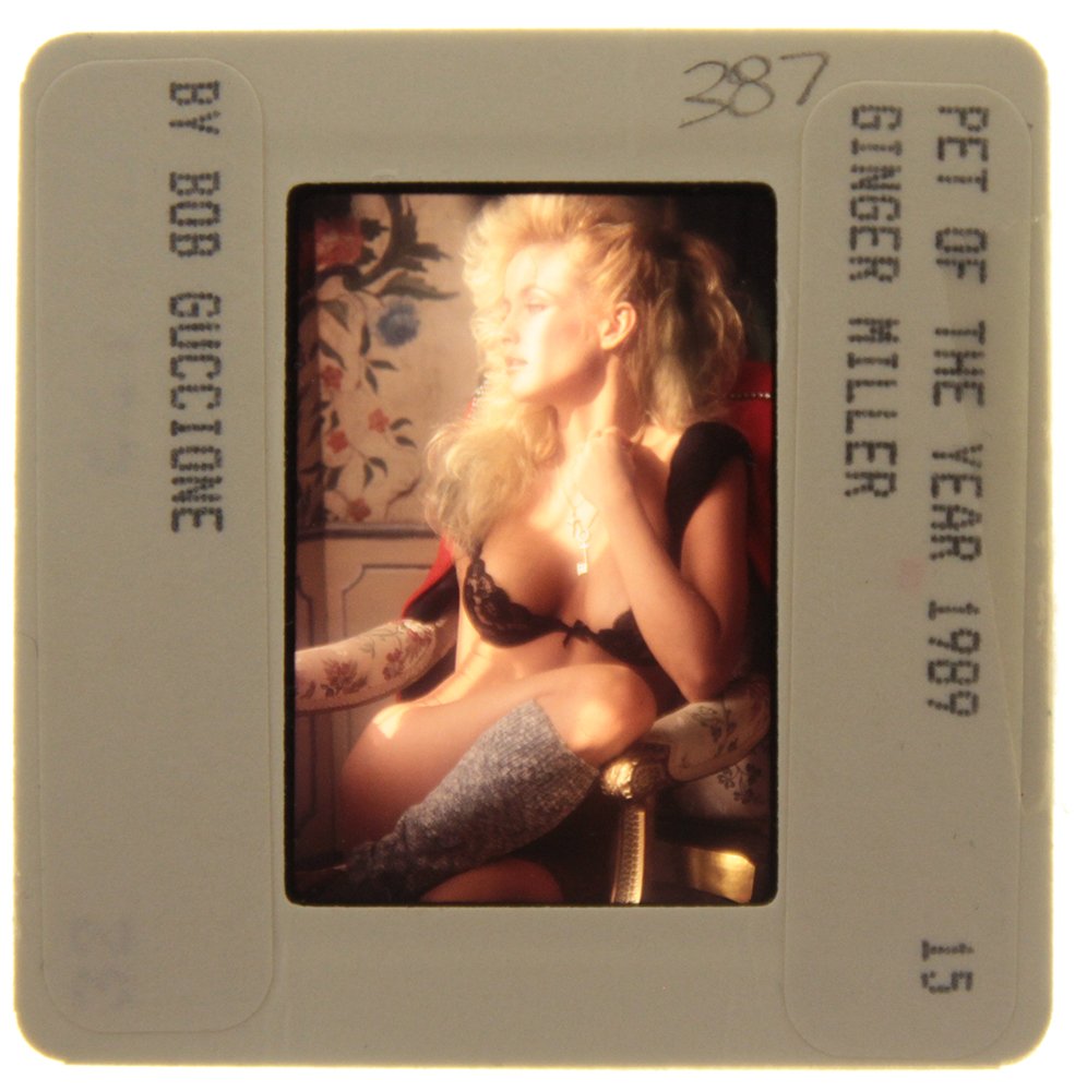 Original 35mm Ginger Miller 1989 By Bob Guccione: Original nude, erotic, 35mm slide features Ginger Miller taken by Bob Guccione in 1989. Print and/or markings on the slide mount are original.