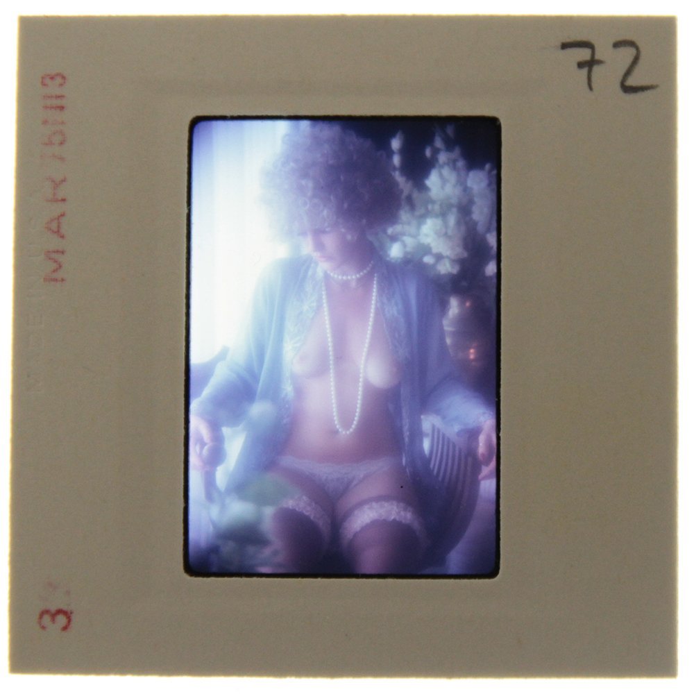 Original 35mm Marguerite Corider 1975 By Bob Guccione: Original nude, erotic, 35mm slide features Marguerite Cordier taken by Bob Guccione in 1975. Print and/or markings on the slide mount are original.