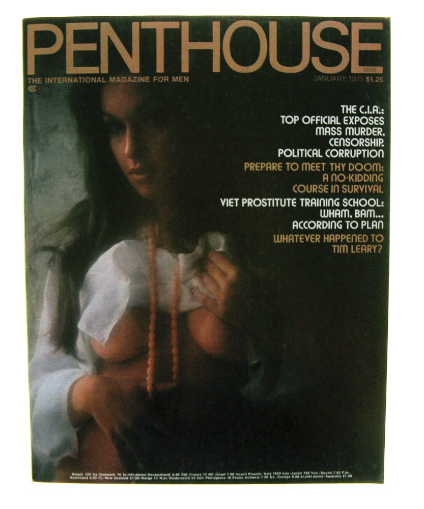 Jan 1975 Penthouse Mag Feat. Juliet Morris (Ex): Penthouse January 1975 issue featuring Pet of the Month Juliet Morris. This issue contains articles on: Political Corruption, Prepare To Meet Thy Doom: A no-Kidding Course in Survival and Viet Prostit