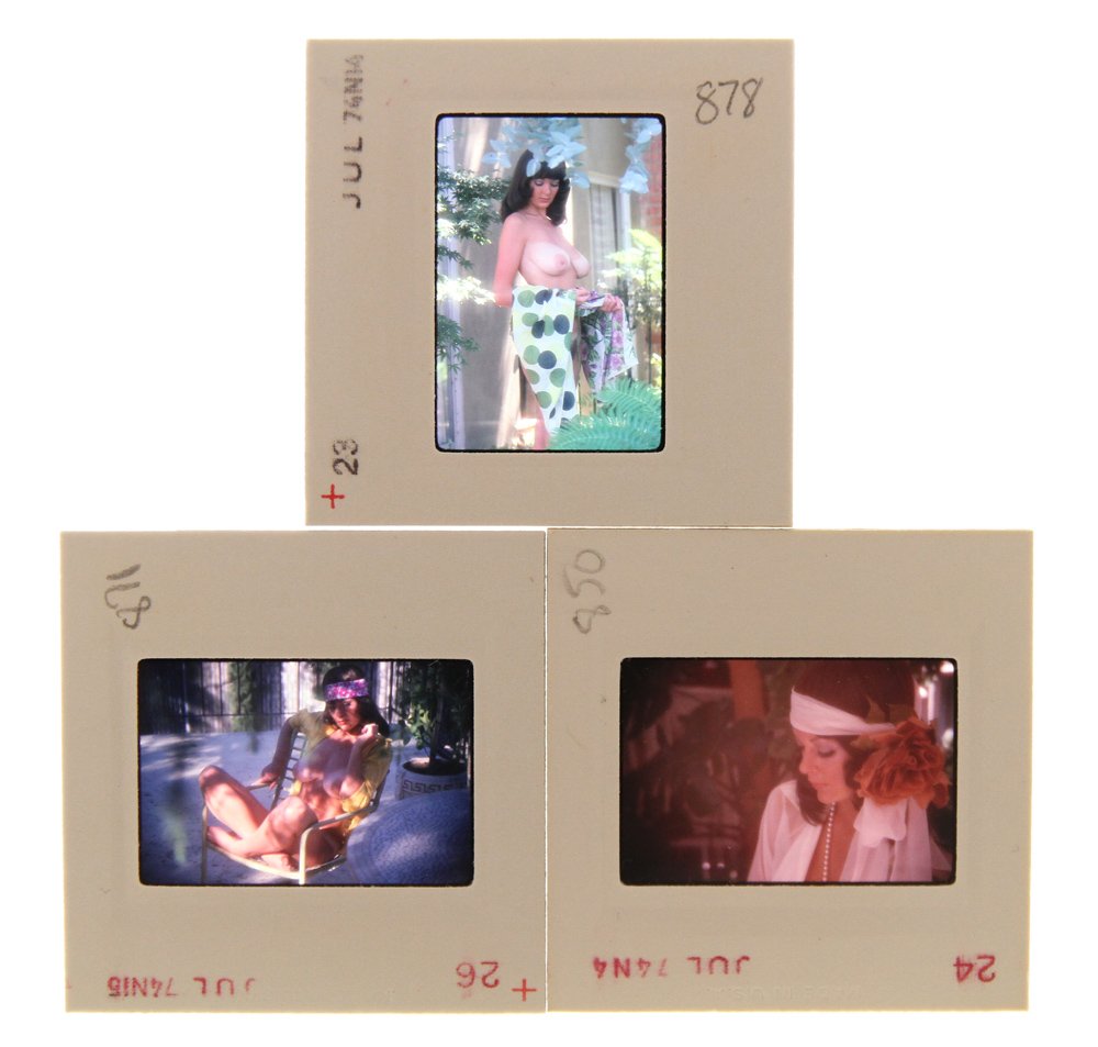 3 Original 35mm Avril Lund 1974 by Bob Guccione: Three Original nude, erotic, 35mm slides featuring Avril Lund taken by Bob Guccione July 1974. Print and/or markings on the slide mount are original.