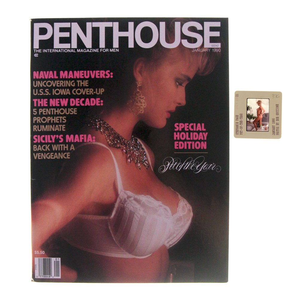 Orig 35mm Stephanie Page By Bob G & Jan 1990 Mag: Original nude, erotic, 35mm slide featuring Stephanie Page taken by Bob Guccione in 1989 and Penthouse January 1990 issue. Print and/or markings on the slide mount are original.