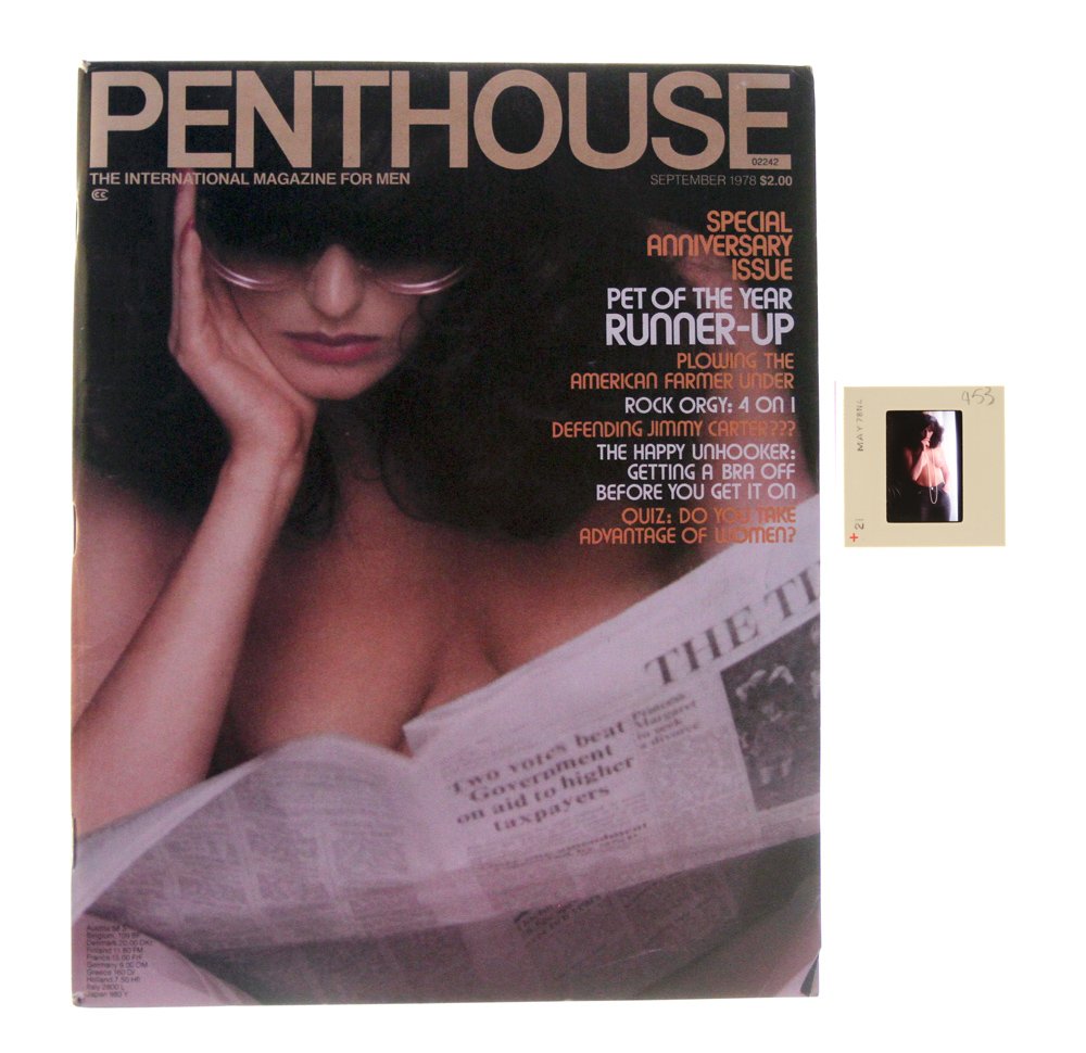 Orig 35mm Kate Simmons By Bob G & Sept 1978 Mag: Original nude, erotic, 35mm slide features Kate Simmons taken by Bob Guccione in May 1978. This lot also includes September 1978 Penthouse magazine which features Kate Simmons on the cover and as Pet 