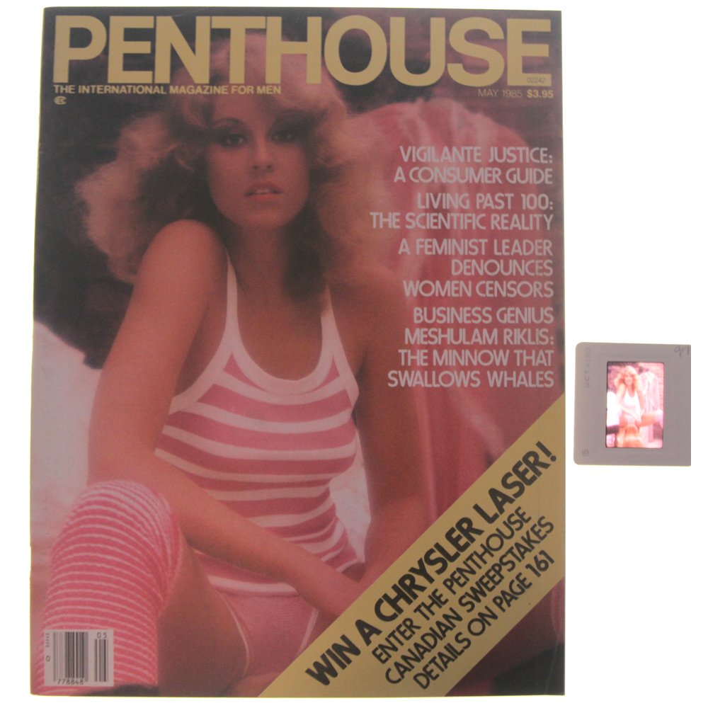 Orig 35mm Delia Impey By Guccione & May 1985 Mag: Original nude, erotic, 35mm slide features Delia Impey taken by Bob Guccione in 1985. Print and/or markings on the slide mount are original. Lot includes May 1985 Penthouse Magazine, which features De