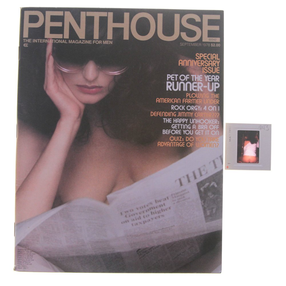 Orig 35mm Kate Simmons By Guccione & Sept 1978 Mag: Original nude, erotic, 35mm slide features Kate Simmons taken by Bob Guccione in May 1978. Included is September 1978 Penthouse Magazine, which features Kate Simmons on the cover and as Pet of the Mon