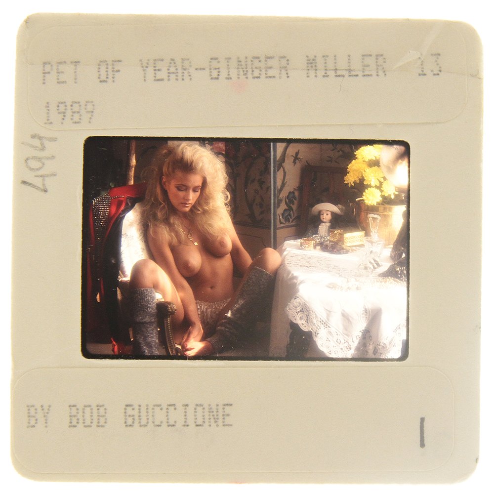 Original 35mm Ginger Miller 1989 By Bob Guccione: Original nude, erotic, 35mm slide features Ginger Miller taken by Bob Guccione in 1989. Print and/or markings on the slide mount are original.