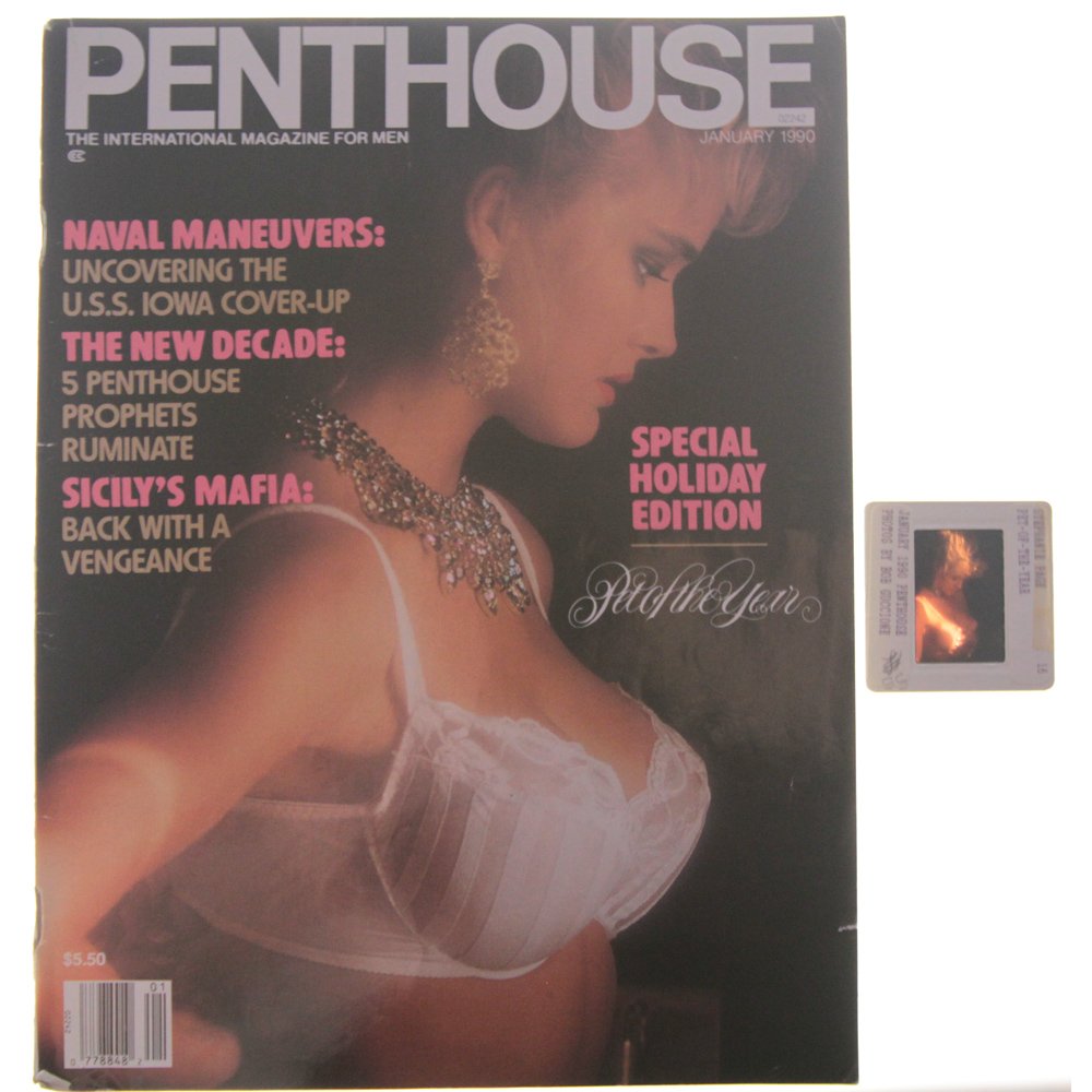 Orig 35mm Stephanie Page By Guccione & Jan 1990 Mag: Original nude, erotic, 35mm slide features Stephanie Page taken by Bob Guccione in 1989. Print and/or markings on the slide mount are original. This lot comes with January 1990 Penthouse Magazine, whi