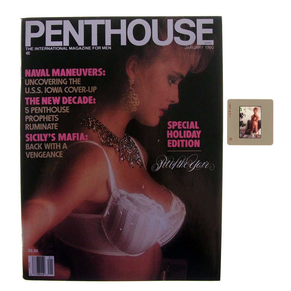 Orig 35mm Stephanie Page By Guccione & Jan 1990 Mag: Original nude, erotic, 35mm slide features Stephanie Page taken in 1989 by Bob Guccione. Lot comes with January 1990 Penthouse Magazine, which features Stephanie Page on the cover and as Pet of the Ye