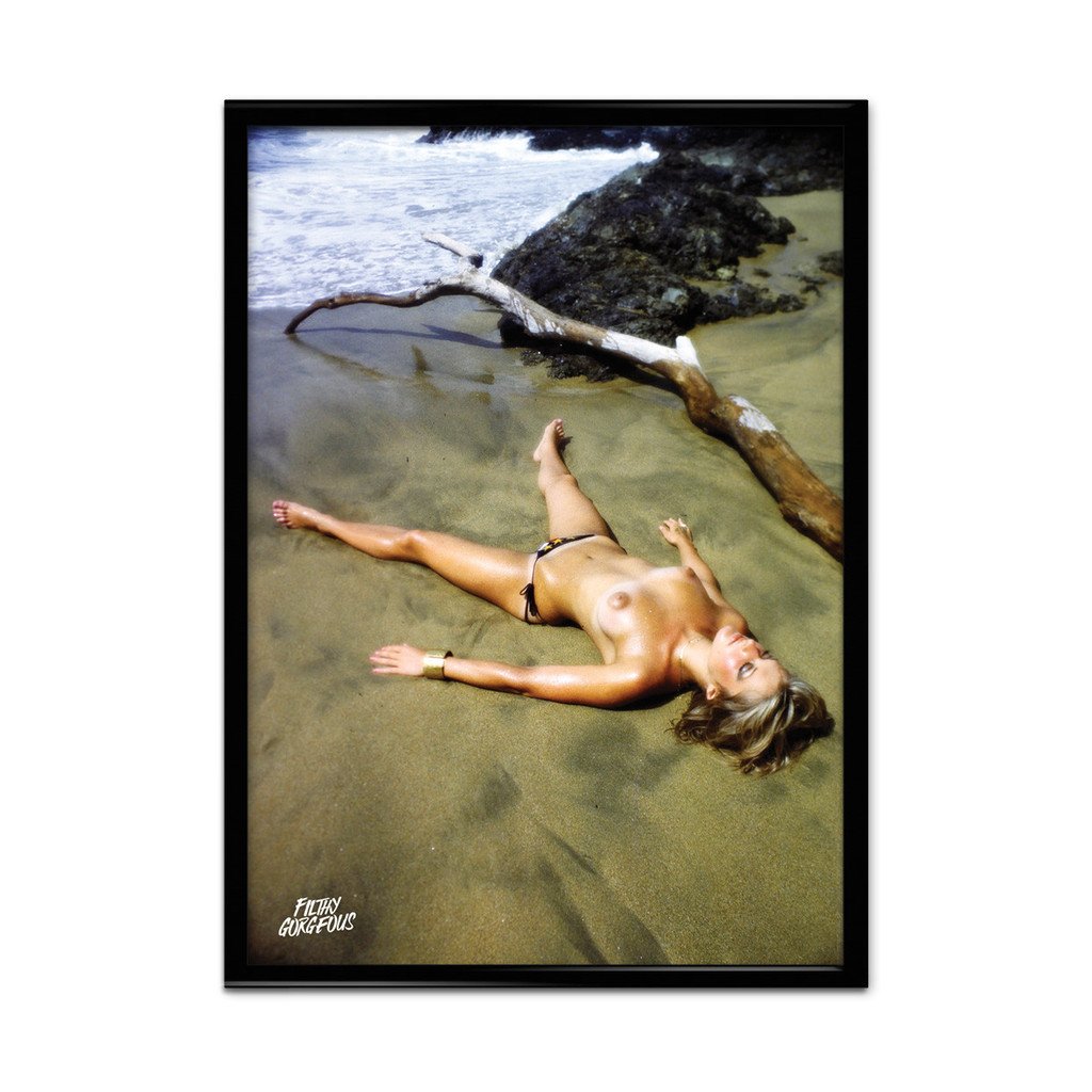 Limited Edition Jane Hargrave Beached 18x24 Framed: Limited edition 18x24 framed poster features Jane Hargrave taken by Bob Guccione in 1975. Model: It was Jane Hargr