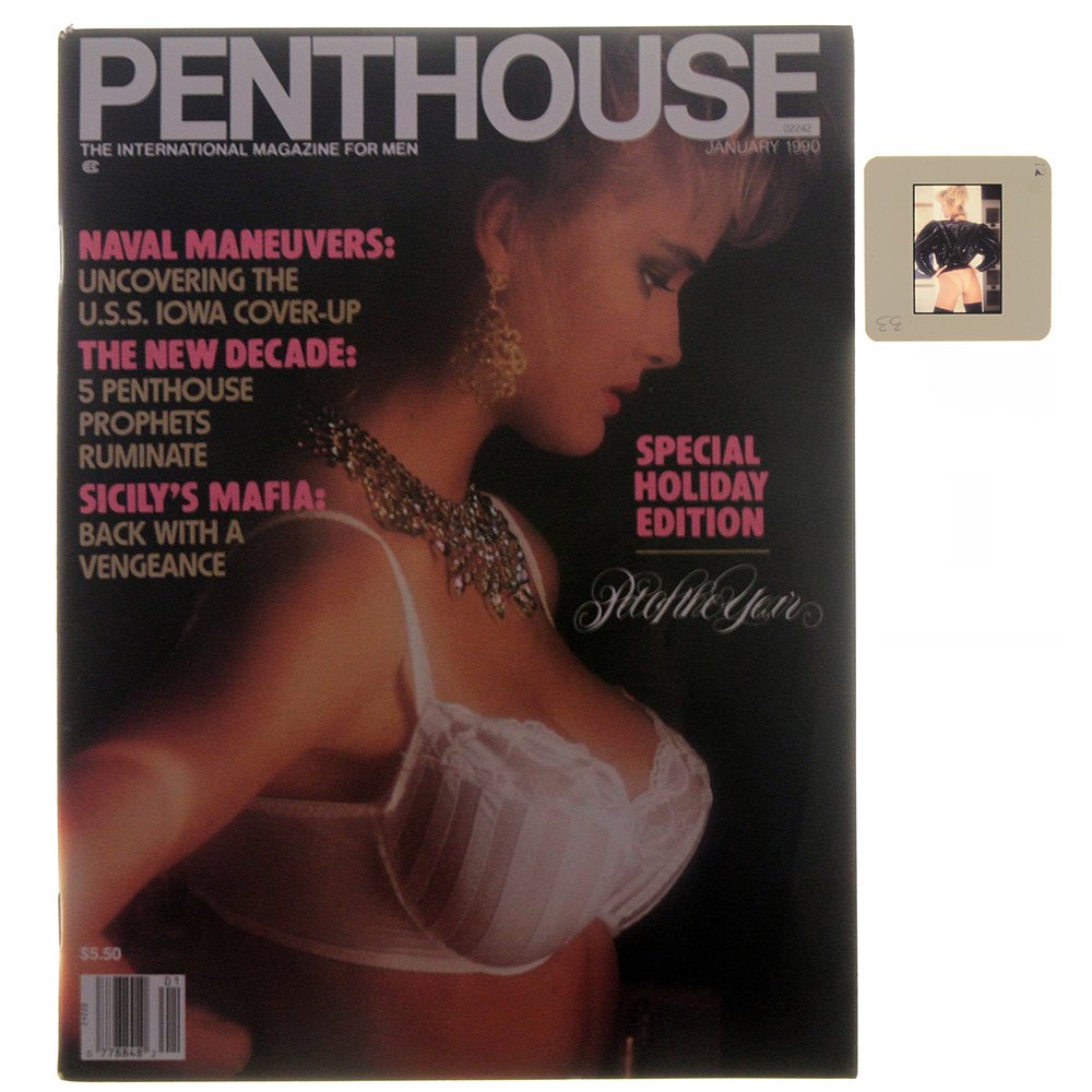 Orig 35mm Stephanie Page 1989 By Bob G & Jan 1990 Mag: Original nude, erotic, 35mm slide features Stephanie Page taken by Bob Guccione in 1989. Included is also January 1990 Penthouse Magazine, which features Stephanie Page on the cover as Pet of the mont