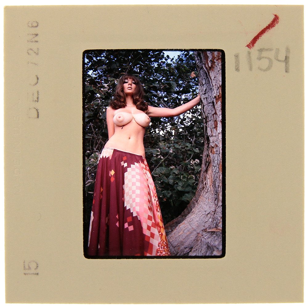 Original 35mm Avril Lund 1972 by Bob Guccione: Original 35mm slide of Avril Lund taken in 1972 by photographer Bob Guccione. Print and/or markings on the slide mount are original.