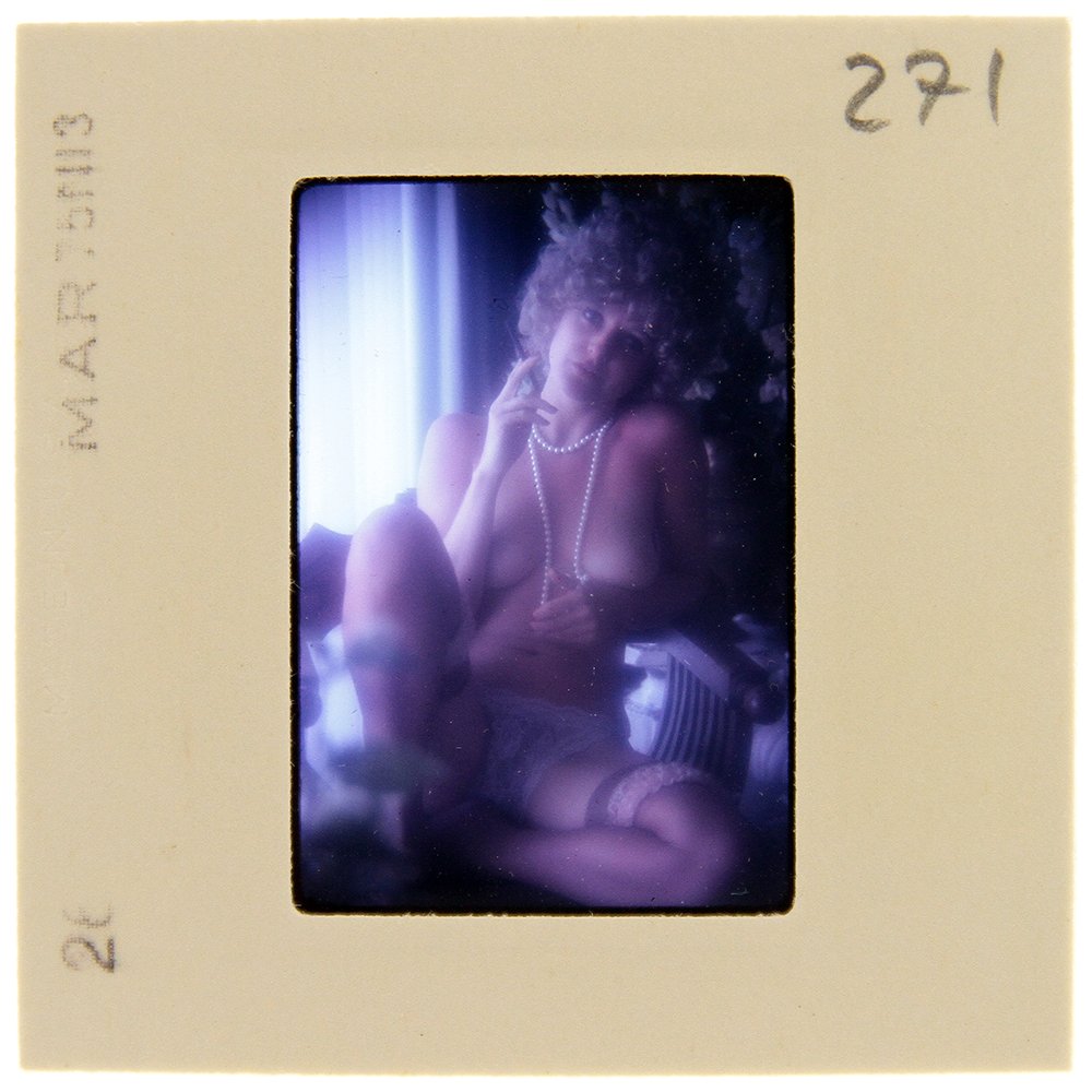 Original 35mm Marguerite Cordier 1975 By Bob Guccione: Original nude, erotic, 35mm slide features Marguerite Cordier taken by Bob Guccione in 1975. Print and/or markings on the slide mount are original.