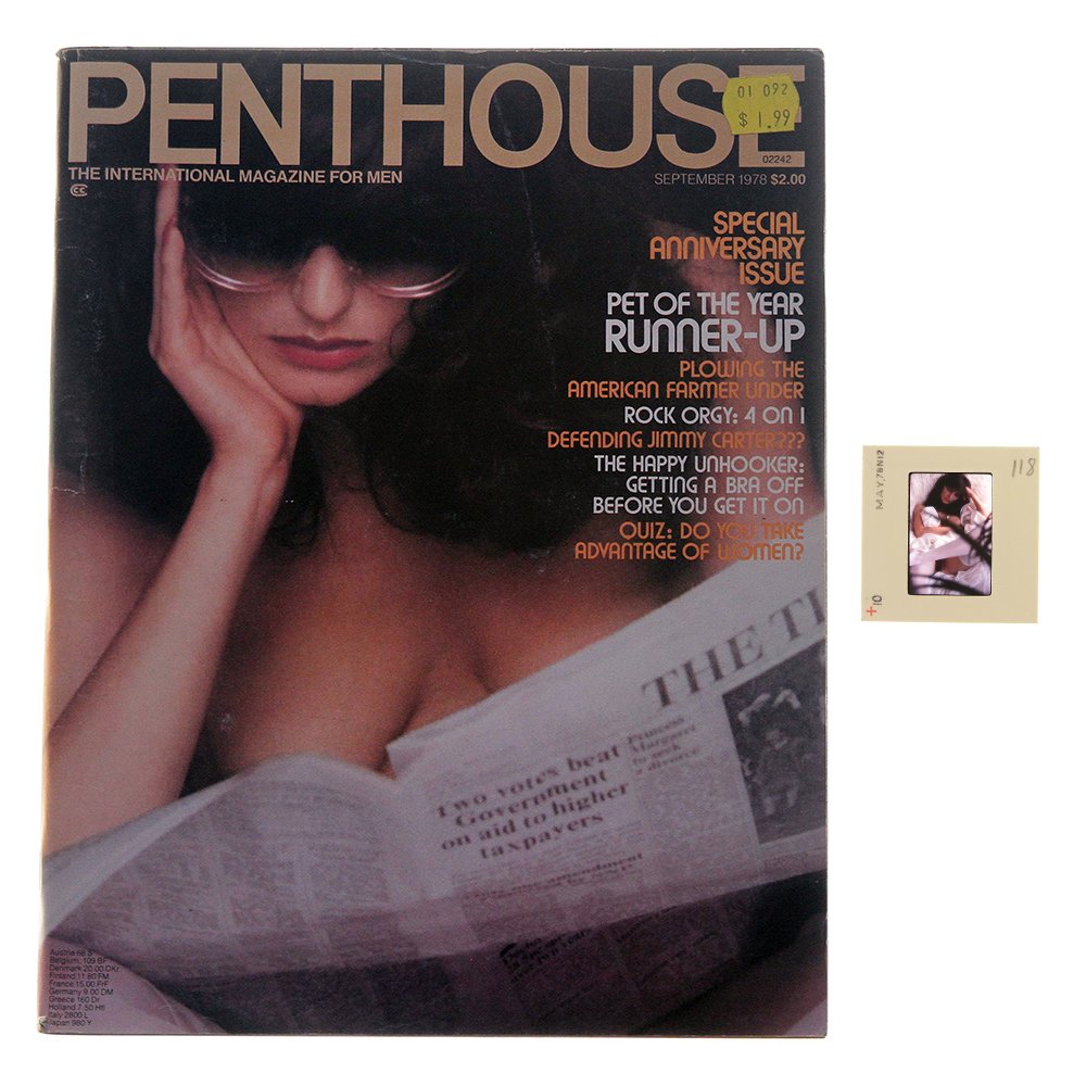 Orig 35mm Kate Simmons By Guccione & Sept 1978 Mag: Original nude, erotic, 35mm slide features Kate Simmons taken by Bob Guccione in May 1978. Included is September 1978 Penthouse Magazine, which features Kate Simmons on the cover and as Pet of the Mon