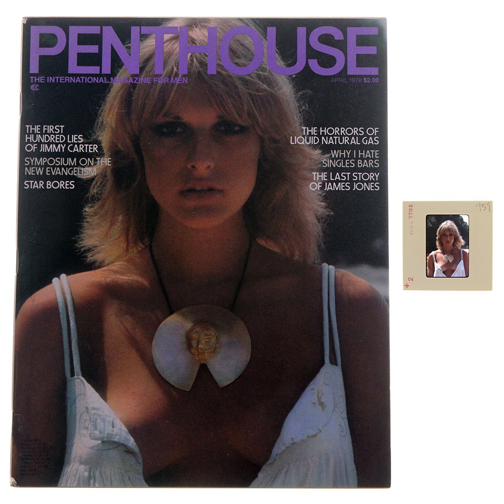 Orig 35mm Jane Hargrave By Guccione & Apr 1978 Mag: Original nude, erotic, 35mm slide features Jane Hargrave taken in 1977 by Bob Guccione. Lot comes with April 1978 Penthouse Magazine, which features Jane Hargrave on the cover. The included slide is f