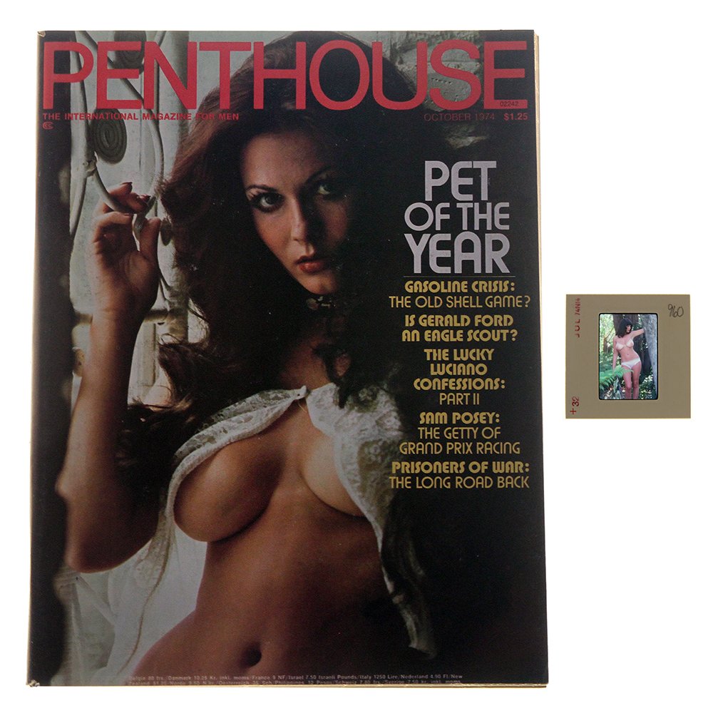 Orig 35mm Avril Lund By Guccione & Oct 1974 Mag: Original nude, erotic, 35mm slide features Avril Lund taken in 1974 by Bob Guccione. Lot comes with October 1974 Penthouse Magazine, which features Laura Doone on the cover and Avril Lund as Pet of th