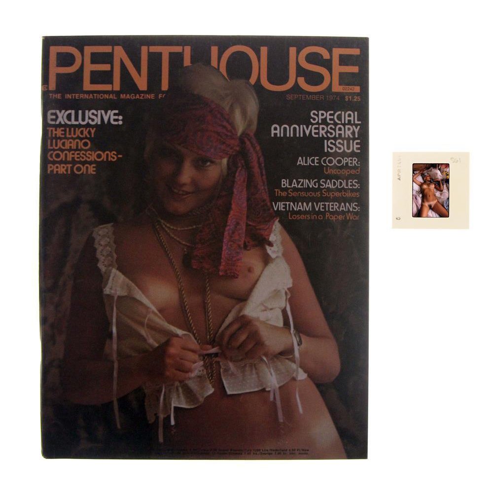 Orig 35mm Janice Kane By Guccione & Sep 1974 Mag: Original nude, erotic, 35mm slide features Janice Kane taken in 1974 by Bob Guccione. Lot comes with September 1974 Penthouse Magazine, which features Janice Kane on the cover and as Pet of the Month.