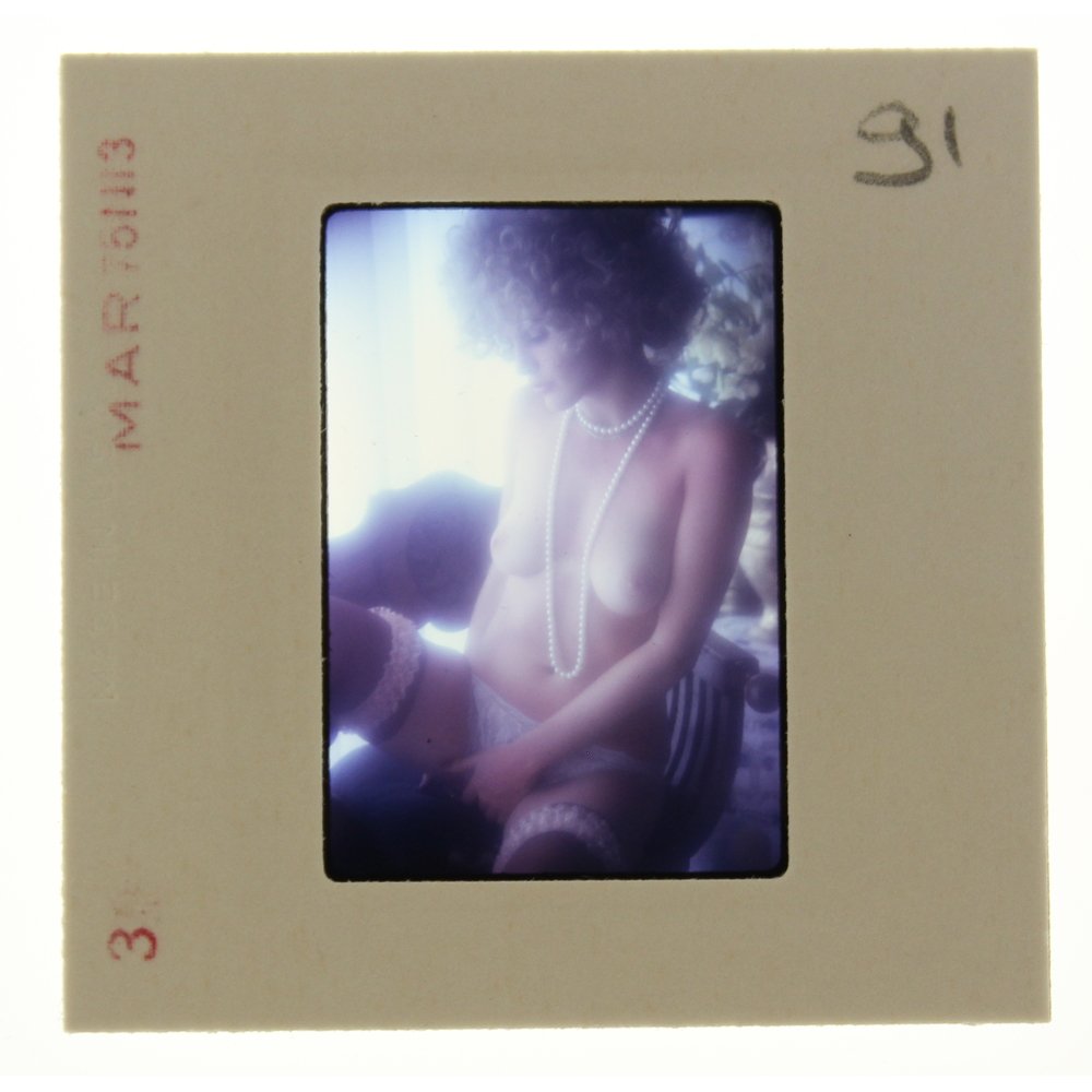 Original 35mm Marguerite Cordier 1975 By Bob Guccione: Original nude, erotic, 35mm slide features Marguerite Cordier taken by Bob Guccione in 1975. Print and/or markings on the slide mount are original.