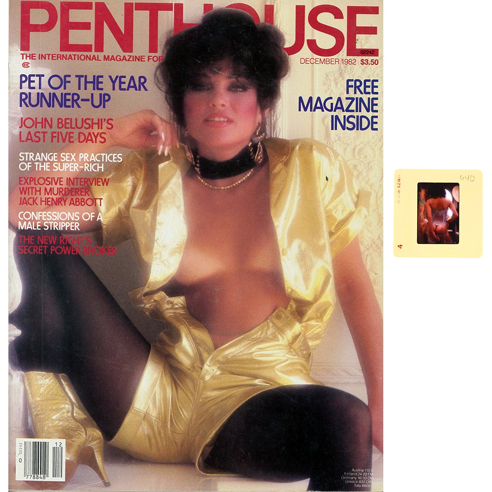 Orig 35mm Ava Monet By Guccione & Dec 1982 Mag: Original nude, erotic, 35mm slide features Ava Monet by Bob Guccione in 1982. This lot comes with December 1982 Penthouse Magazine. The included slide is from the photoshoot used for her pictorial.