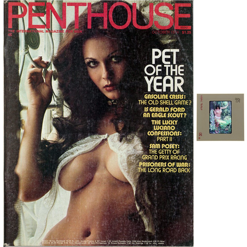 Orig 35mm Avril Lund By Guccione & Oct 1974 Mag: Original nude, erotic, 35mm slide features Avril Lund taken in 1974 by Bob Guccione. Lot comes with October 1974 Penthouse Magazine, which features Avril Lund as Pet of the Year. The included slide is