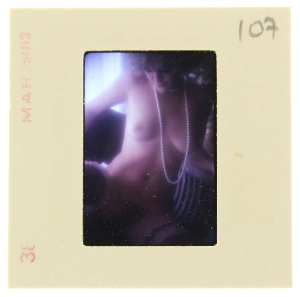 Original 35mm Marguerite Cordier 1975 By Bob Guccione: Original nude, erotic, 35mm slide features Marguerite Cordier taken by Bob Guccione in 1975. Print and/or markings on the slide mount are original.