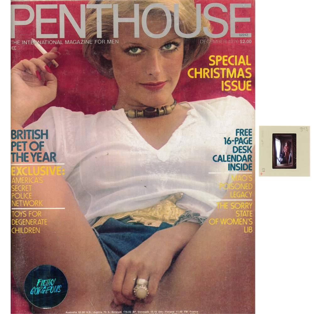 Jane Hargrave 35mm By Bob Guccione & Dec 1976 Mag: Original nude, erotic, 35mm slide features Jane Hargrave taken in 1976 by Bob Guccione. Lot includes cember 1976 Penthouse Magazine, which features Jane Hargrave on the cover and as Pet of the Year. T