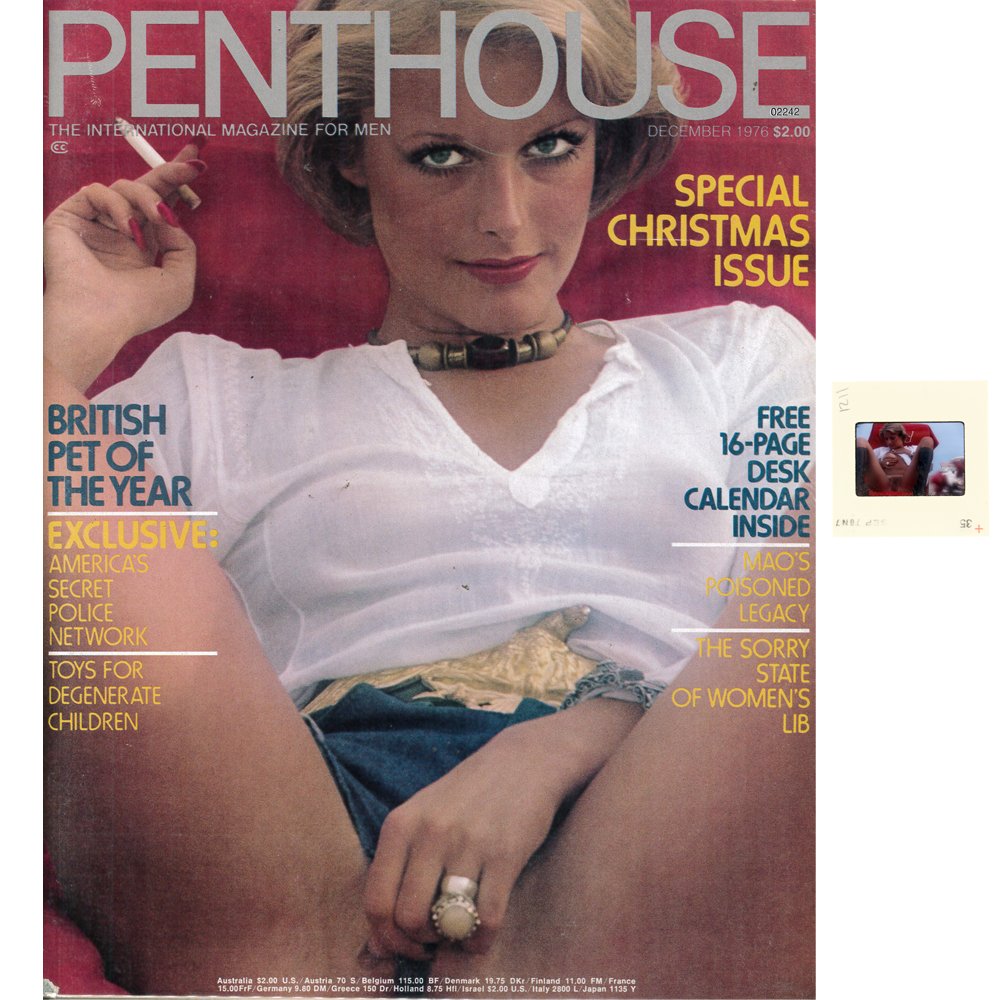 Jane Hargrave 35mm By Bob Guccione & Dec 1976 Mag: Original nude, erotic, 35mm slide features Jane Hargrave taken in 1976 by Bob Guccione. Lot includes cember 1976 Penthouse Magazine which features Jane Hargrave on the cover and as Pet of the Year. Th