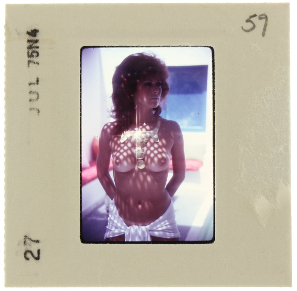 Bonnie Dee 1975 35mm By Bob Guccione: Original nude, erotic, 35mm slide features Bonnie Dee Wilson taken by Bob Guccione in 1975. Print and/or markings on the slide mount are original.