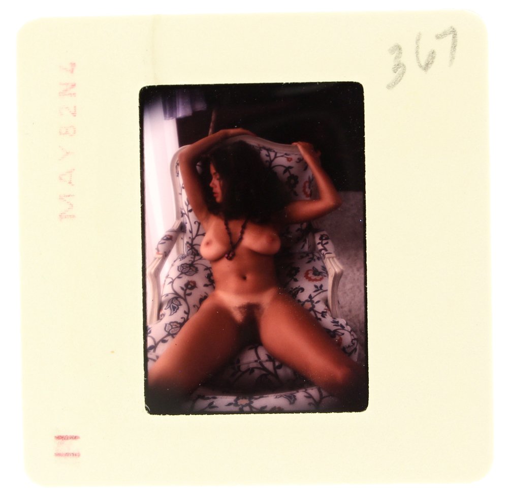 Carmen Pope 1982 35mm By Bob Guccione: Original nude, erotic, 35mm slide features Carmen Pope taken by Bob Guccione in 1982. Print and/or markings on the slide mount are original.