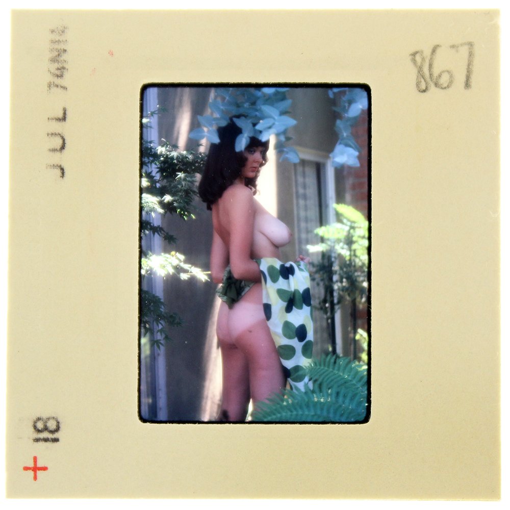 Avril Lund 1974 35mm By Bob Guccione: Original nude, erotic, 35mm slide features Avril Lund taken by Bob Guccione in 1974. Print and/or markings on the slide mount are original.