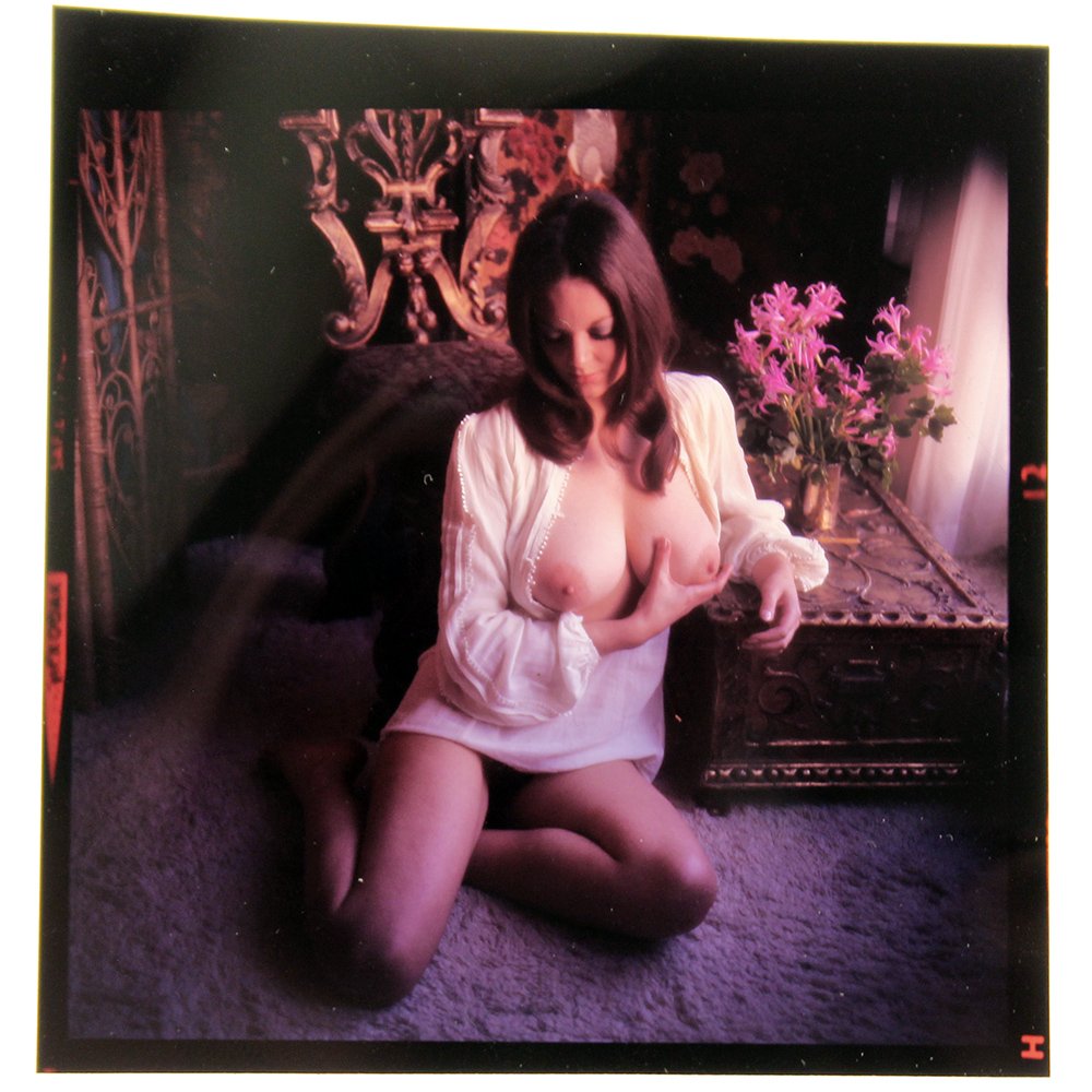 Avril Lund 1972 120mm By Bob Guccione: Original 120mm transparency features Avril Lund taken by Bob Guccione in 1972. Print and/or markings on the slide mount are original.