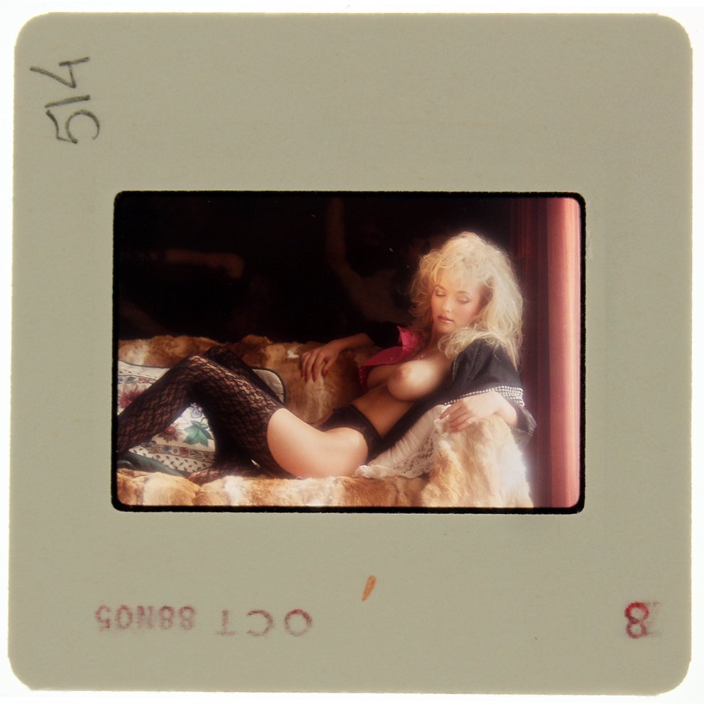 Ginger Miller 1989 35mm By Bob Guccione: Original 35mm slide features Ginger Miller taken by Bob Guccione in 1989. Print and/or markings on the slide mount are original. M