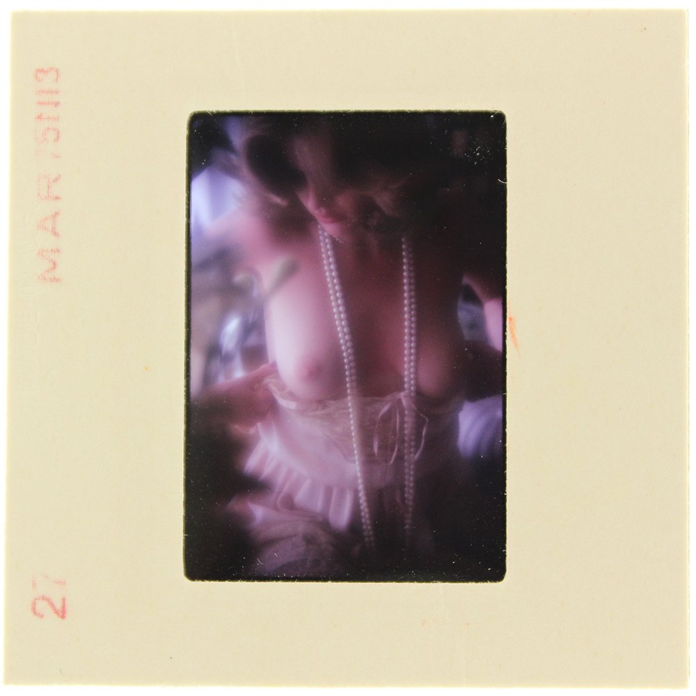 Marguerite Corider 1975 35mm By Bob Guccione: Original 35mm slide features Marguerite Cordier taken by Bob Guccione in 1975. Print and/or markings on the slide mount are original.