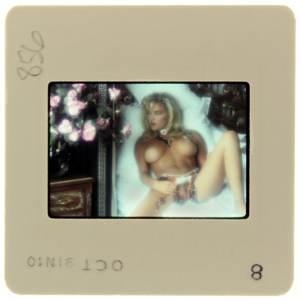 Brandy Ledford 1991 35mm By Bob Guccione: Original nude, erotic, 35mm slide features Brandy Ledford taken by Bob Guccione in 1991. Print and/or markings on the slide mount are original.