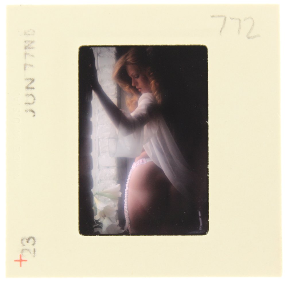 Victoria Johnson 1977 35mm By Bob Guccione: Original 35mm slide features Victoria Johnson taken in June 1977 by photographer Bob Guccione. Model: