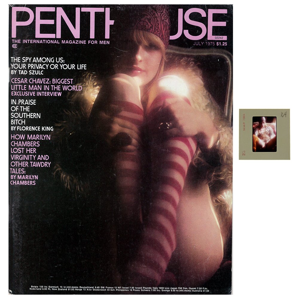 Jane Hargrave 35mm By Bob Guccione & Jul 1975 Mag: Original 35mm slide features Jane Hargrave taken by Bob Guccione in 1975. Lot comes with July 1975 Penthouse Magazine, which features Jane Hargrave on the cover and as Pet of the Month. Included slide
