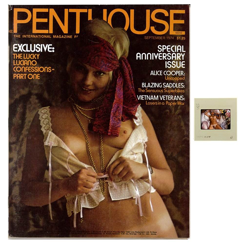 Janice Kane 35mm By Bob Guccione & Sep 1974 Mag: Original 35mm slide features Janice Kane taken by Bob Guccione in 1974. Lot comes with September 1974 Penthouse Magazine, which features Janice Kane on the cover and as Pet of the Month. Included slid