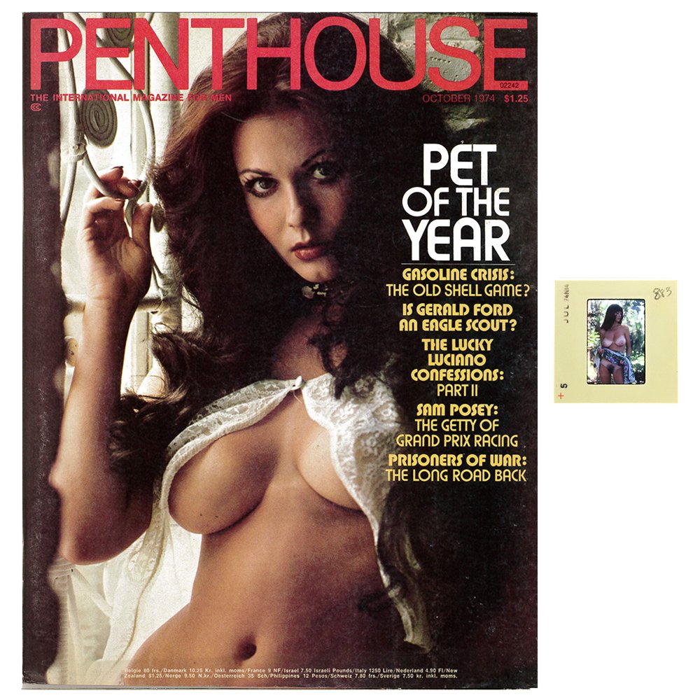 Avril Lund 35mm By Bob Guccione & Oct 1974 Mag: Original 35mm slide features Avril Lund taken by Bob Guccione in 1974. Lot comes with October 1974 Penthouse Magazine, which features Avril Lund as Pet of the Year. Included slide is from the photosho