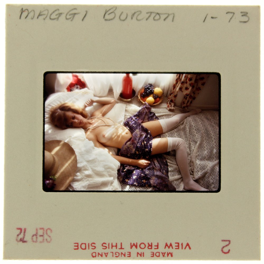 Maggi Burton 1973 35mm By Bob Guccione: Original 35mm slide features Maggi Burton taken by Bob Guccione in 1973.Model: Maggie Burton was born amid the appl