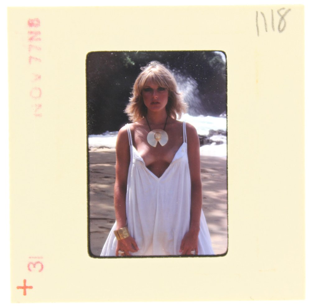 Jane Hargrave 1977 35mm By Bob Guccione: Original 35mm slide features Jane Hargrave taken by Bob Guccione in 1977. Print and/or markings on the slide mount are original. M