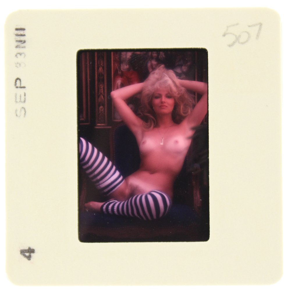 DiVina Celeste 1983 35mm By Bob Guccione: Original 35mm slide features DiVina Celeste taken by Bob Guccione in 1983. Print and/or markings on the slide mount are original.