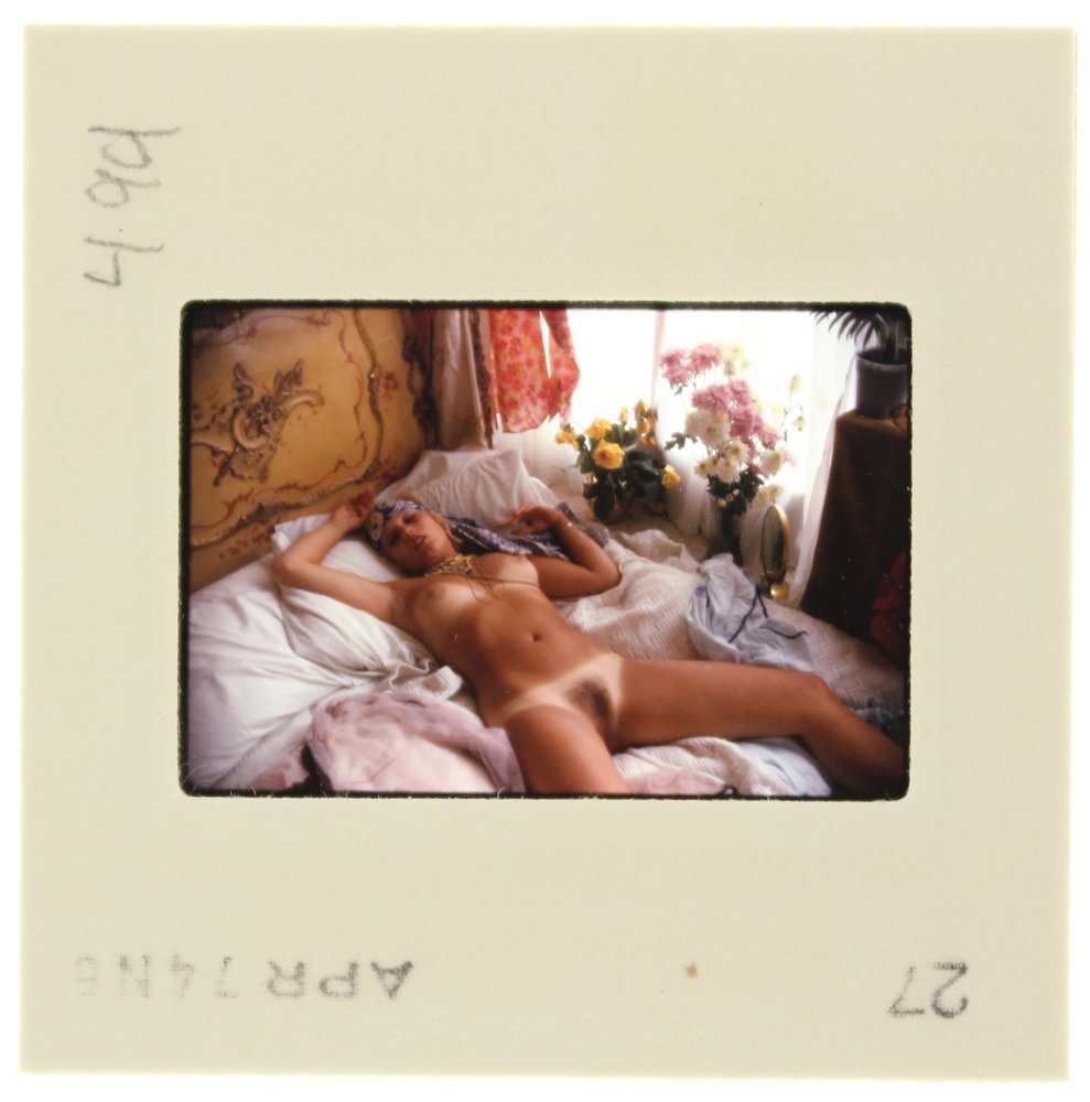 Janice Kane 1974 35mm By Bob Guccione: Original 35mm slide features Janice Kane taken by Bob Guccione in 1974. Print and/or markings on the slide mount are original. Mod