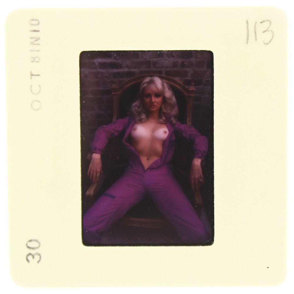 DiVina Celeste 1981 35mm By Bob Guccione: Original 35mm slide features DiVina Celeste taken by Bob Guccione in 1981. Print and/or markings on the slide mount are original.
