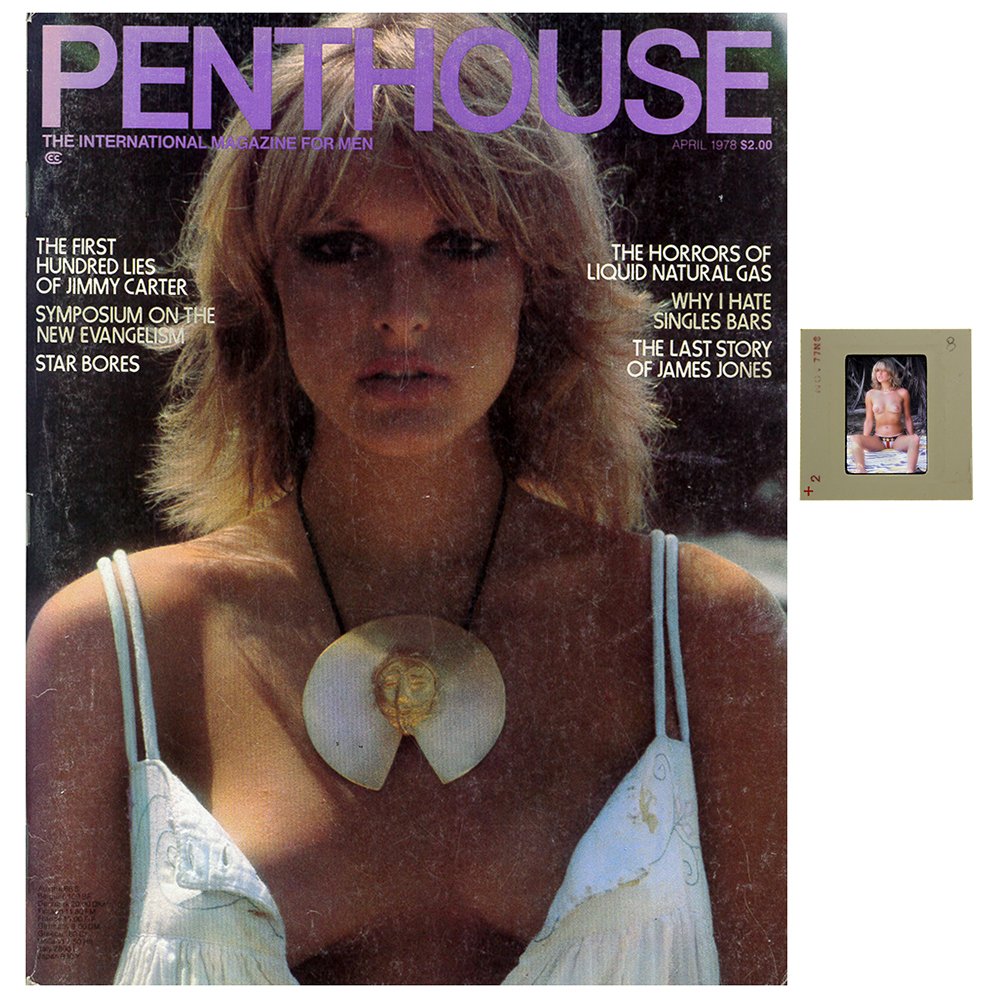 Jane Hargrave 35mm By Bob Guccione & Apr 1978 Mag: Original 35mm slide features Jane Hargrave taken by Bob Guccione in 1977. Lot comes with April 1978 Penthouse Magazine, which features Jane Hargrave on the cover and in an interior pictorial. Included