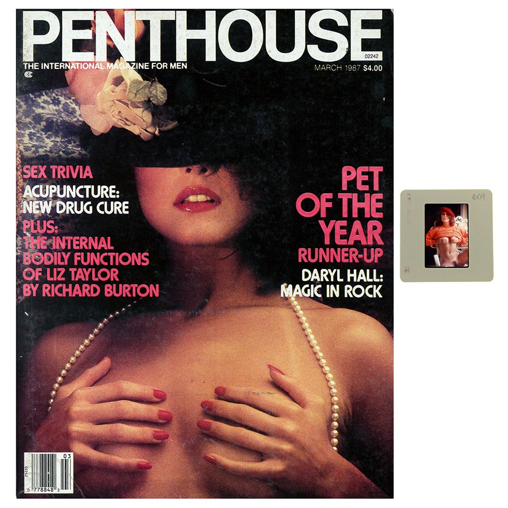 Angela Nicholas 35mm By Bob Guccione & Mar 1987 Mag: Original 35mm slide of Angela Nicholas taken by Bob Guccione in 1975. Lot comes with March 1987 Penthouse Magazine, which features Angela Nicholas on the cover and as Pet of the Month. Included slide 