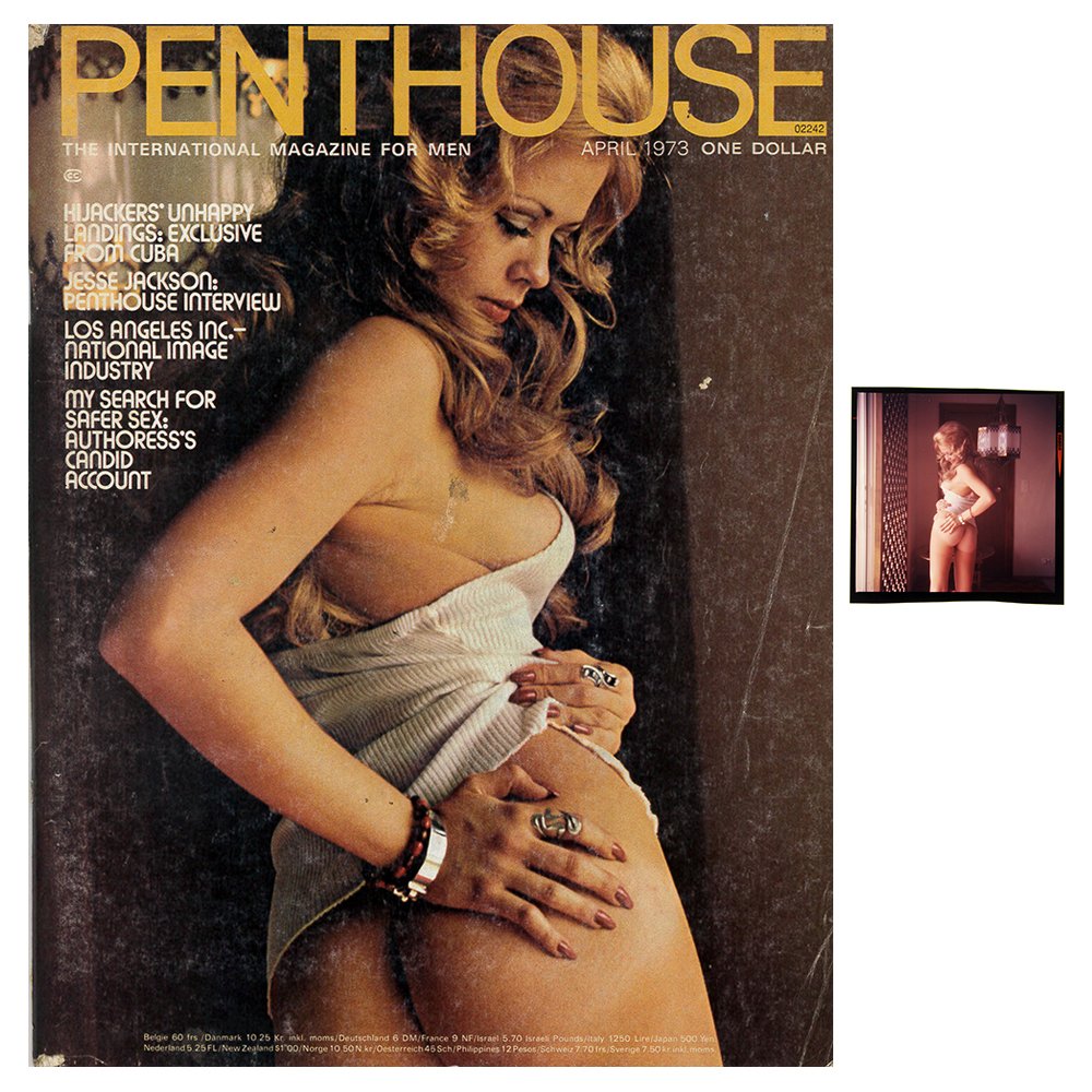Leslie Leah Burrow 120mm By Bob Guccione & Apr 1973 Mag: Original 120mm transparency features Leslie Leah Burrow taken by Bob Guccione in 1973. Lot comes with April 1973 Penthouse Magazine, which features Leslie Leah Burrow on the cover and as Pet of the Mo