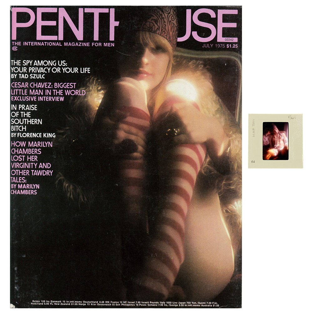Jane Hargrave 35mm By Bob Guccione & Jul 1975 Mag: Original 35mm slide features Jane Hargrave taken in 1975 by Bob Guccione. Lot comes with July 1975 Penthouse Magazine which features Jane Hargrave on the cover and as Pet of the Month. The included sl