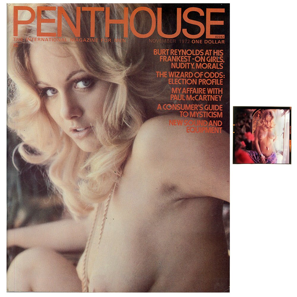 Angela Adams 120mm By Bob Guccione & Nov 1972 Mag: Original 120mm transparency features Angela Adams by Bob Guccione in 1972. Lot comes with November 1972 Penthouse Magazine, which features Angela Adams on the cover and as Pet of the Month. Included t